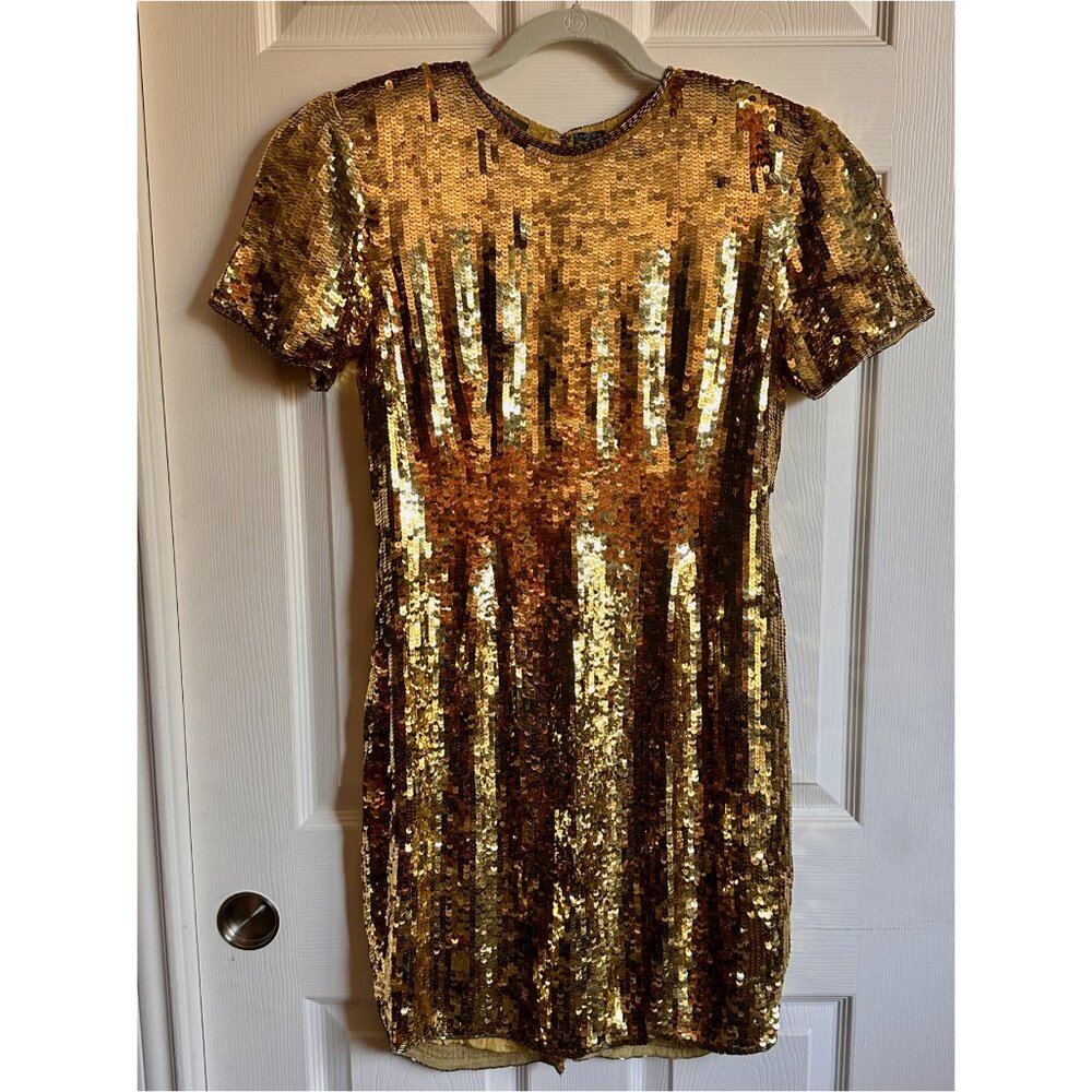 Vintage 1990s Modi Gold Sequined Semi-Formal Prom Dress Silk Lined | Size 2-4 XS